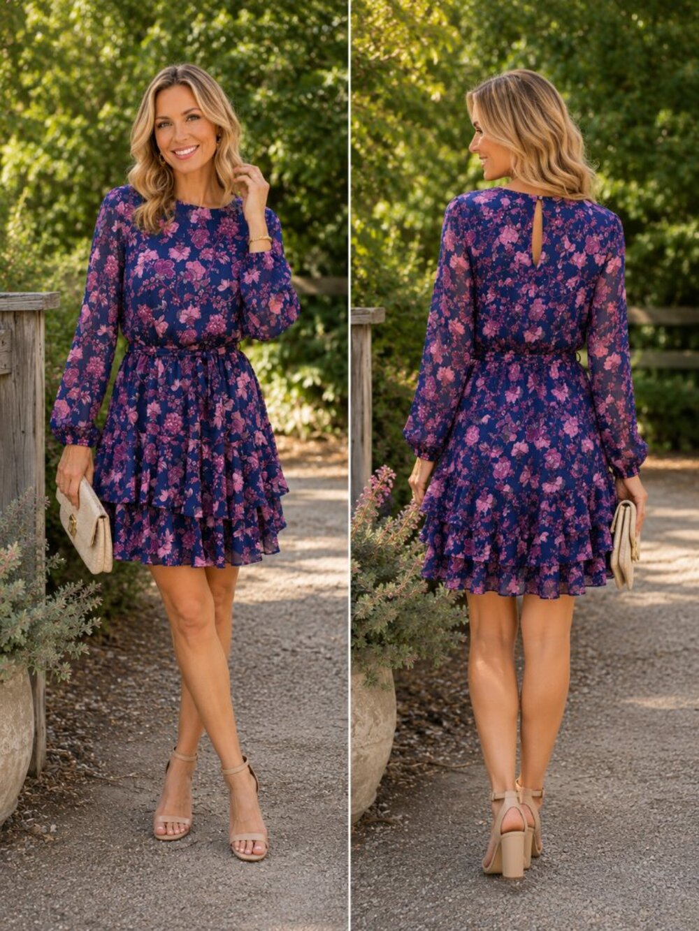 City Studio Floral Dress XS Navy‎ Pink Long Sleeve Ruffle Hem Tie Waist (G-1788)